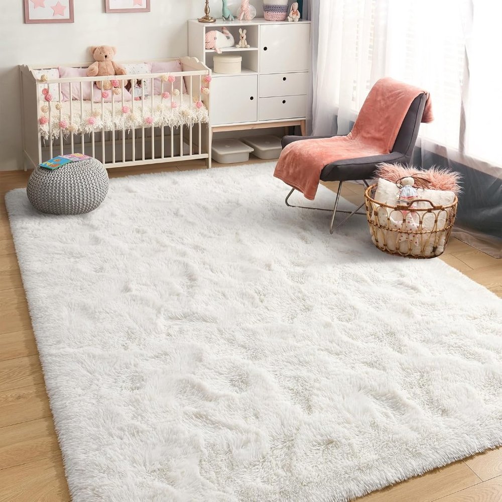 New 4x6 White Fluffy Rug, Cozy Cream Non-Slip Area Rug for Living Room & Bedroom